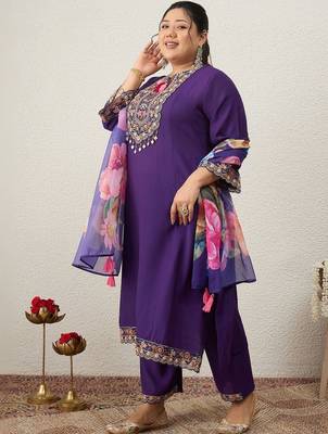 Plus Size Purple Embroidered Straight Kurta Trousers With Dupatta Set 4