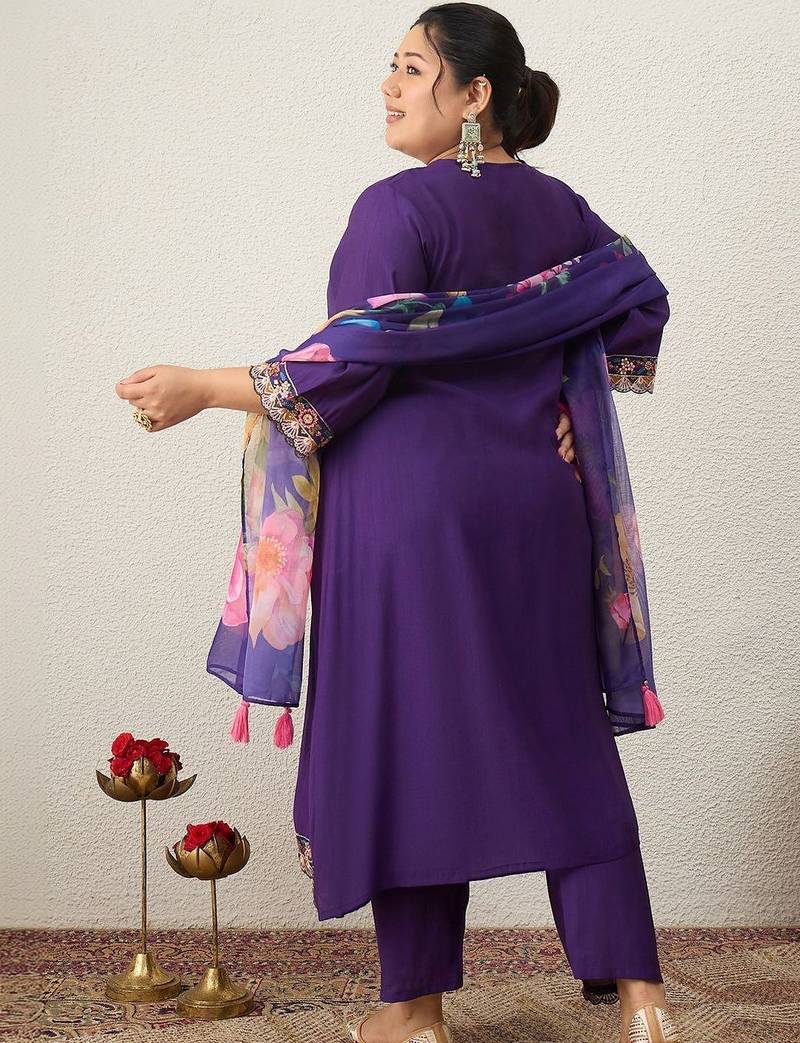 Plus Size Purple Embroidered Straight Kurta Trousers With Dupatta Set