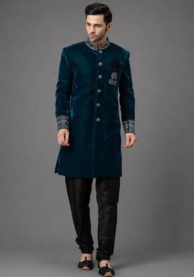 Navy blue velvet sherwani set 1