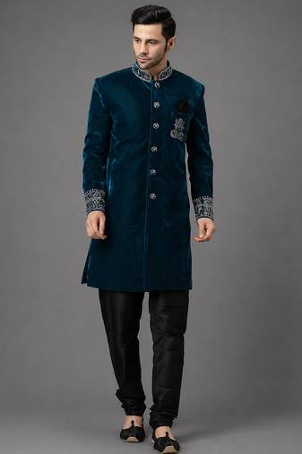 Navy blue velvet sherwani set