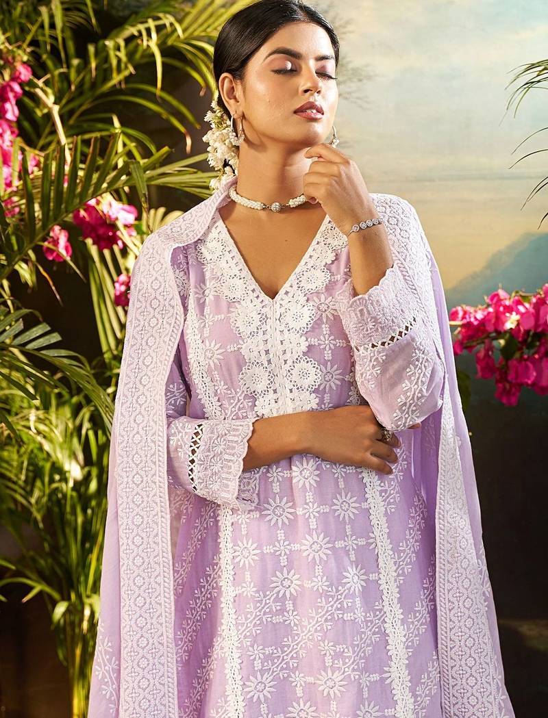 Women Solid Embroidered Cotton Kurta with Trousers & Dupatta