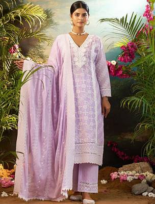 Women Solid Embroidered Cotton Kurta with Trousers & Dupatta 2