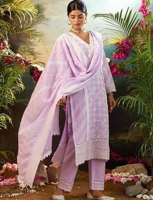 Women Solid Embroidered Cotton Kurta with Trousers & Dupatta 4