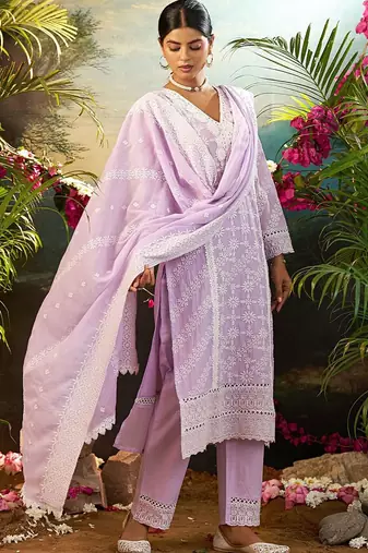 Women Solid Embroidered Cotton Kurta with Trousers & Dupatta