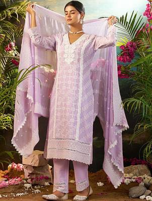 Women Solid Embroidered Cotton Kurta with Trousers & Dupatta 5
