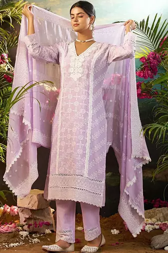 Women Solid Embroidered Cotton Kurta with Trousers & Dupatta