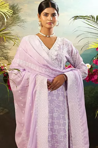 Women Solid Embroidered Cotton Kurta with Trousers & Dupatta