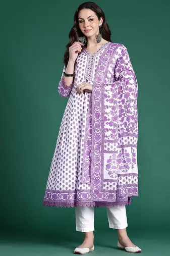 Floral Printed Pure Cotton Kurta with Trousers & Dupatta