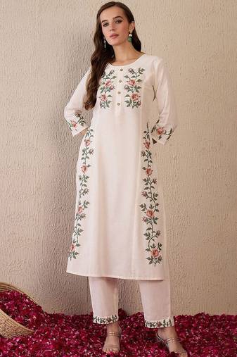 Women Floral Embroidered Regular Thread Work Pure Cotton Kurta with Trousers