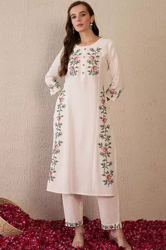 Women Floral Embroidered Regular Thread Work Pure Cotton Kurta with Trousers