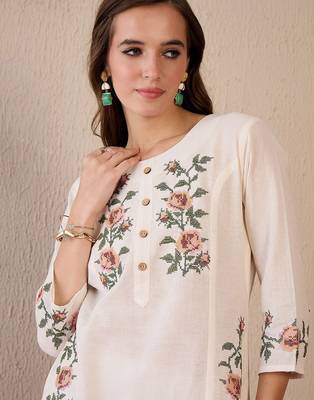 Women Floral Embroidered Regular Thread Work Pure Cotton Kurta with Trousers 2