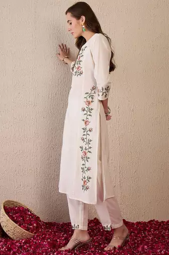 Women Floral Embroidered Regular Thread Work Pure Cotton Kurta with Trousers