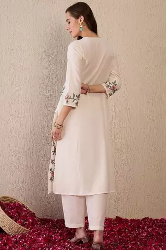 Women Floral Embroidered Regular Thread Work Pure Cotton Kurta with Trousers