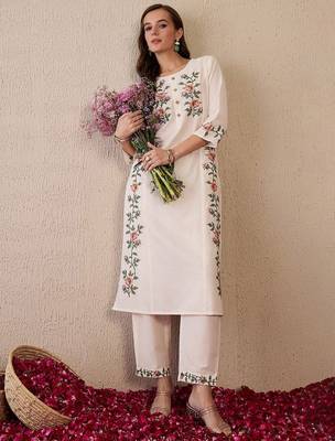Women Floral Embroidered Regular Thread Work Pure Cotton Kurta with Trousers 6