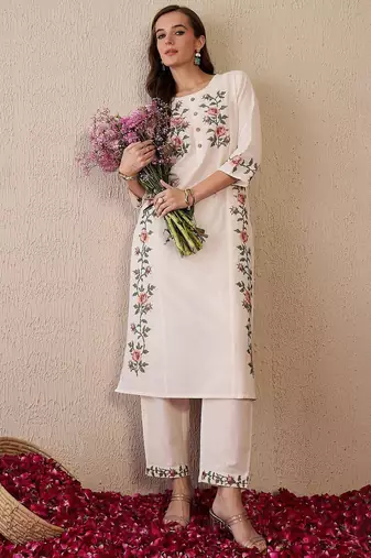 Women Floral Embroidered Regular Thread Work Pure Cotton Kurta with Trousers