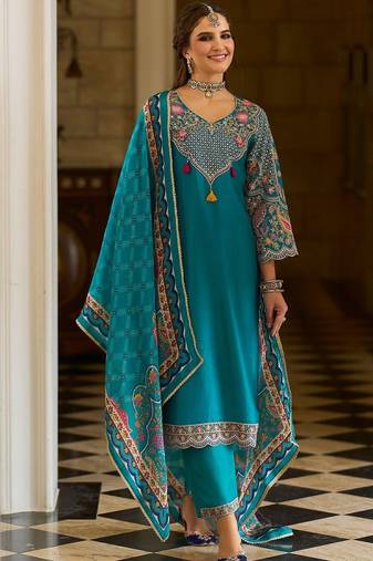 Ethnic Motifs Embroidered V-Neck Thread Work Kurta With Trousers & Dupatta