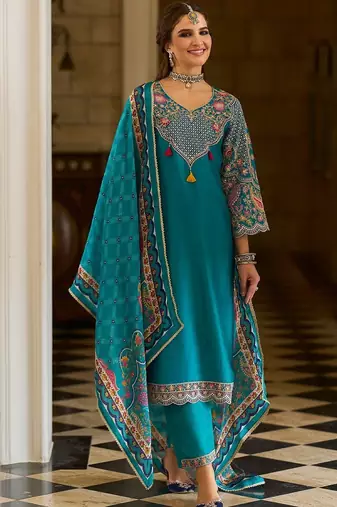 Ethnic Motifs Embroidered V-Neck Thread Work Kurta With Trousers & Dupatta