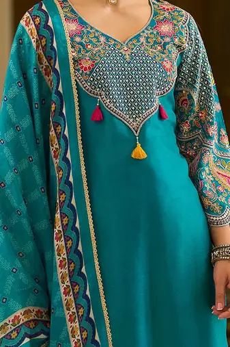 Ethnic Motifs Embroidered V-Neck Thread Work Kurta With Trousers & Dupatta