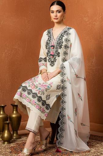 Women Floral Embroidered Regular Thread Work Pure Cotton Kurta with Trousers & With Dupatta