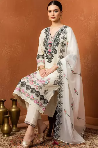 Women Floral Embroidered Regular Thread Work Pure Cotton Kurta with Trousers & With Dupatta