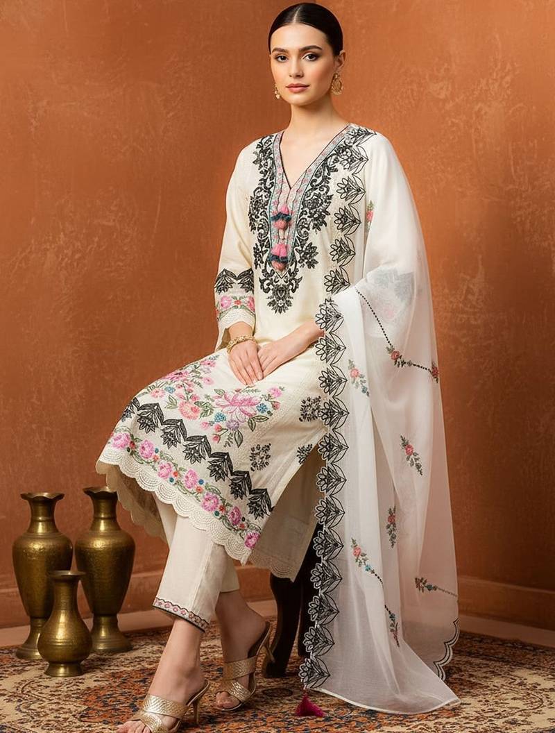 Women Floral Embroidered Regular Thread Work Pure Cotton Kurta with Trousers & With Dupatta