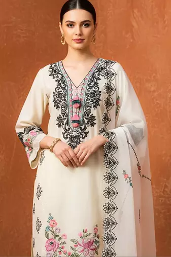 Women Floral Embroidered Regular Thread Work Pure Cotton Kurta with Trousers & With Dupatta