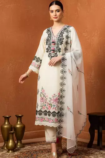 Women Floral Embroidered Regular Thread Work Pure Cotton Kurta with Trousers & With Dupatta