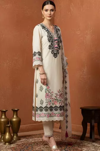 Women Floral Embroidered Regular Thread Work Pure Cotton Kurta with Trousers & With Dupatta