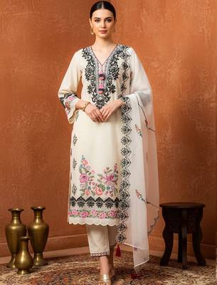 Women Floral Embroidered Regular Thread Work Pure Cotton Kurta with Trousers & With Dupatta 5