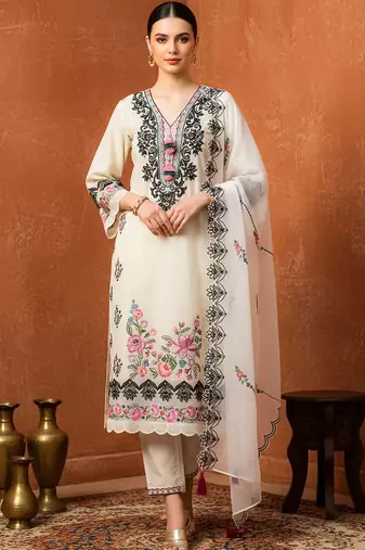 Women Floral Embroidered Regular Thread Work Pure Cotton Kurta with Trousers & With Dupatta