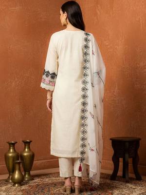 Women Floral Embroidered Regular Thread Work Pure Cotton Kurta with Trousers & With Dupatta 6