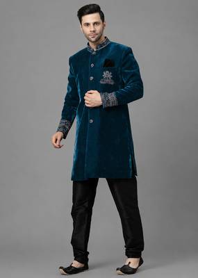 Navy blue velvet sherwani set 2