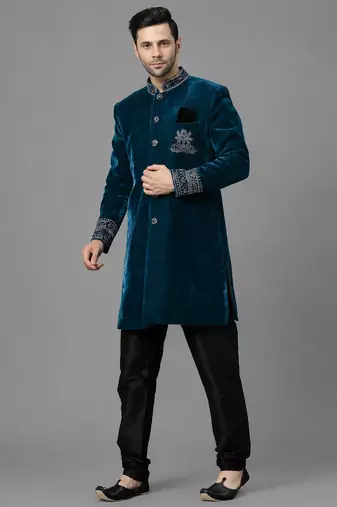 Navy blue velvet sherwani set