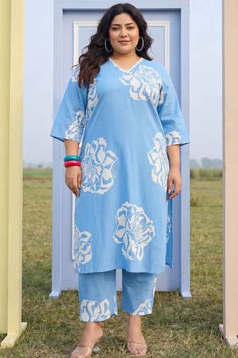 Plus Size Blue Printed Straight Kurta Trousers Set