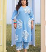 Plus Size Blue Printed Straight Kurta Trousers Set