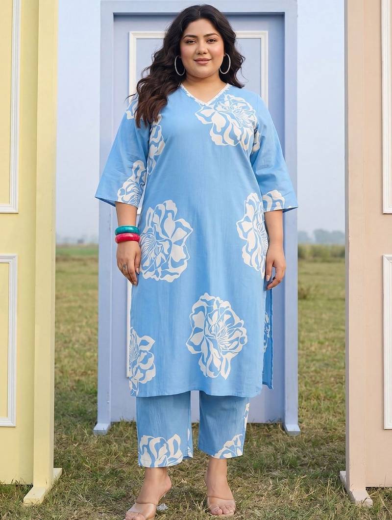 Plus Size Blue Printed Straight Kurta Trousers Set
