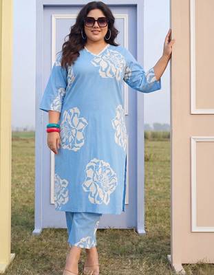 Plus Size Blue Printed Straight Kurta Trousers Set 2