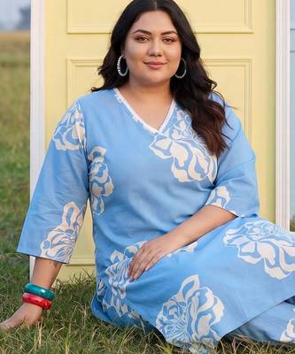Plus Size Blue Printed Straight Kurta Trousers Set 3