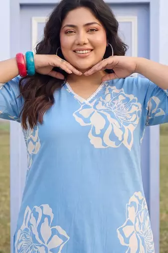 Plus Size Blue Printed Straight Kurta Trousers Set