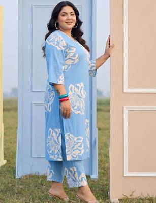 Plus Size Blue Printed Straight Kurta Trousers Set 5