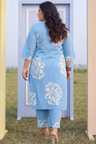 Plus Size Blue Printed Straight Kurta Trousers Set