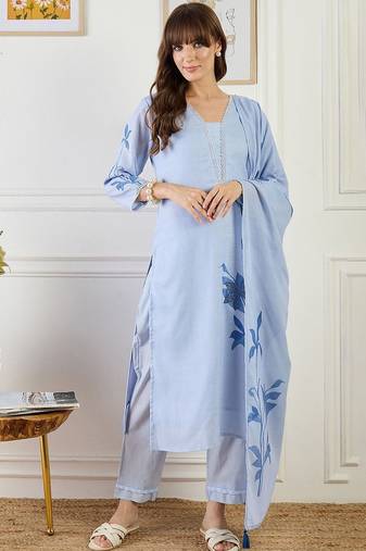 Women Floral Printed Linen Kurta with Trousers & Dupatta