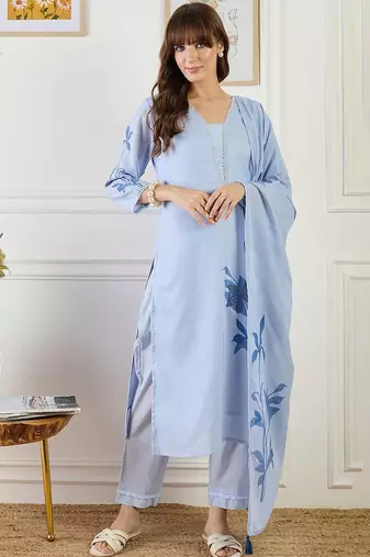 Women Floral Printed Linen Kurta with Trousers & Dupatta