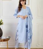 Women Floral Printed Linen Kurta with Trousers & Dupatta
