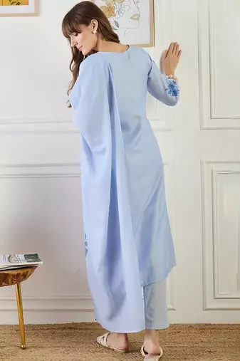 Women Floral Printed Linen Kurta with Trousers & Dupatta