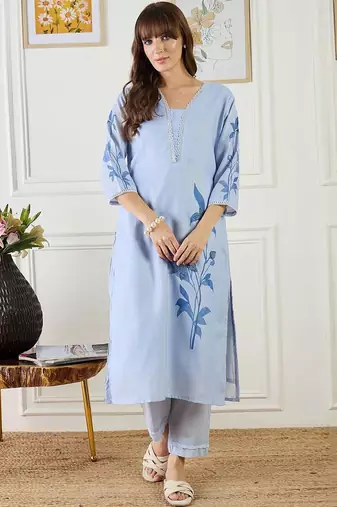 Women Floral Printed Linen Kurta with Trousers & Dupatta