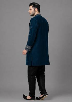 Navy blue velvet sherwani set 3