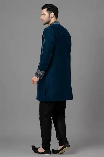 Navy blue velvet sherwani set
