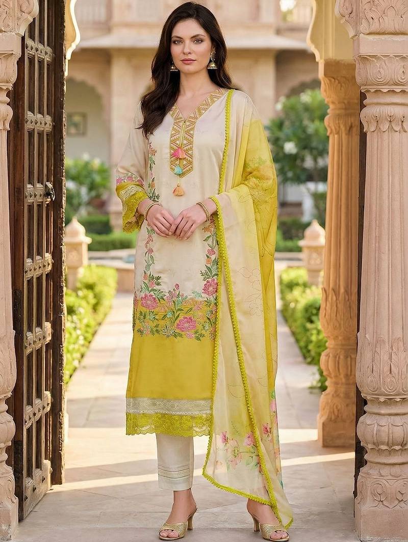 Women Floral Printed Regular Thread Work Kurta with Trousers & With Dupatta