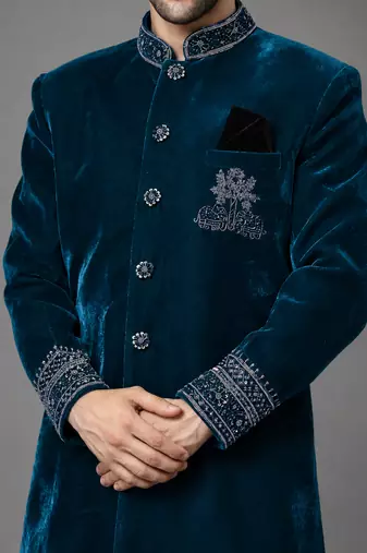 Navy blue velvet sherwani set